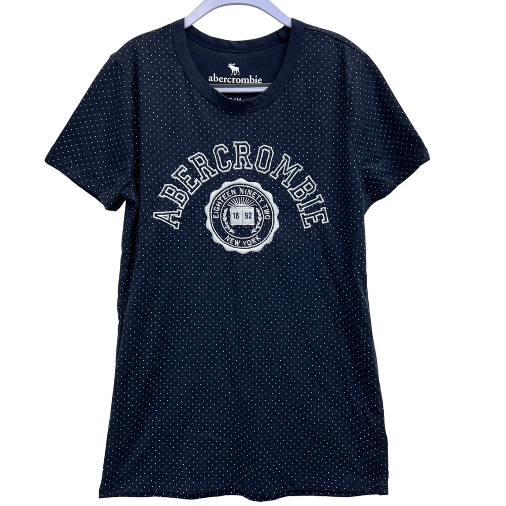 Abercrombie Kids Navy Polka Dot Embroidered Spell Out Logo Graphic Shirt 13/14 L